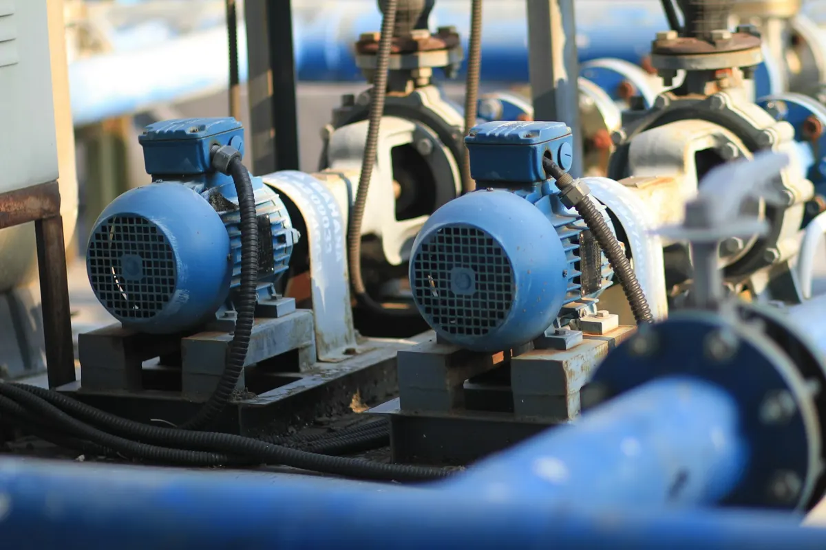 Dua set motor listrik dan pompa berwarna biru di atas skid dengan pipa biru di ruang pompa