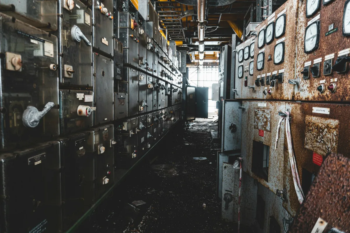Lorong panjang di bangunan industri dengan deretan switchgear dan panel kontrol lama yang dilengkapi meter analog