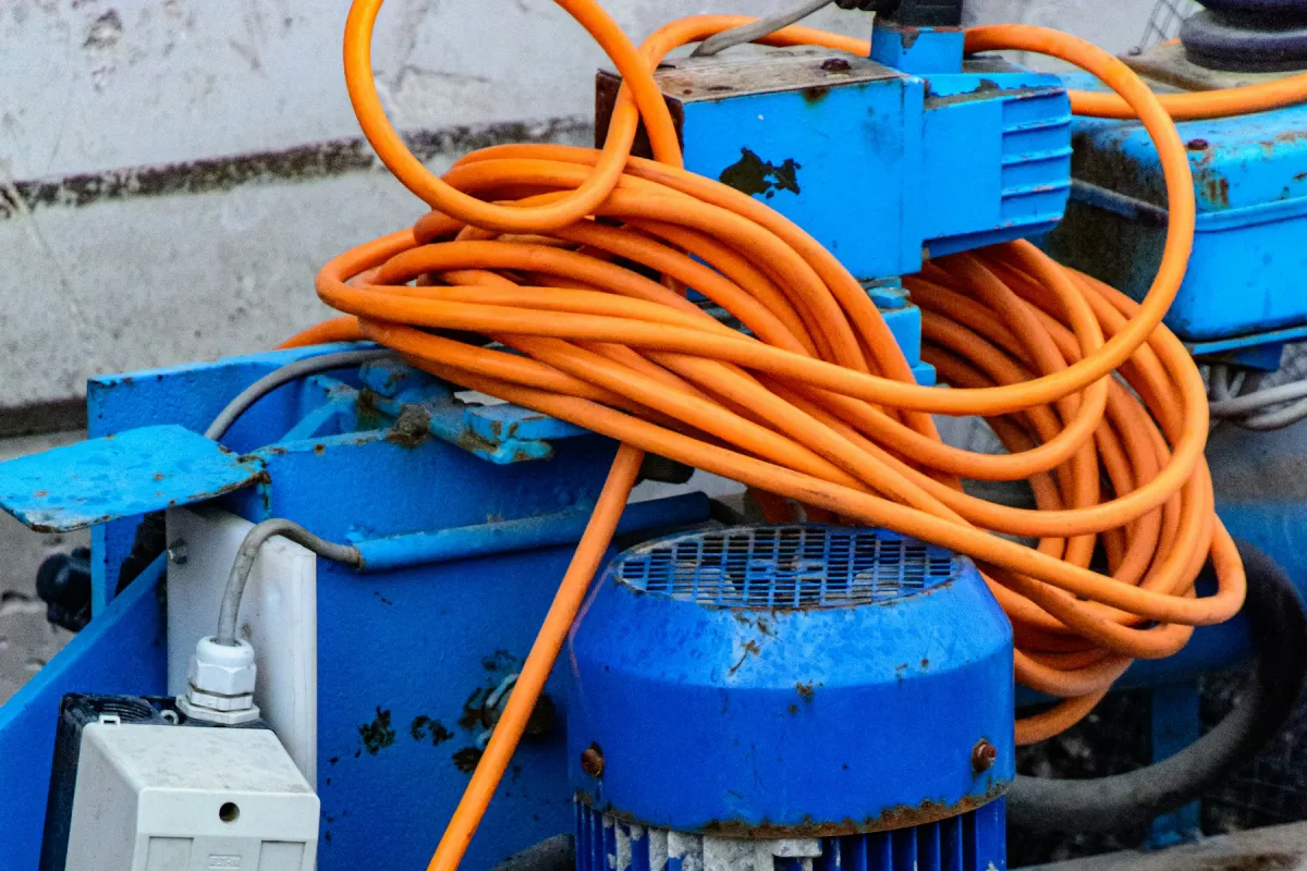 Motor listrik industri berwarna biru terpasang pada peralatan, dengan gulungan kabel daya oranye dan steker industri merah