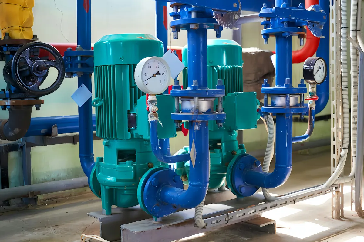 Pompa dan jaringan pipa dengan pressure gauge di ruang utilitas pabrik