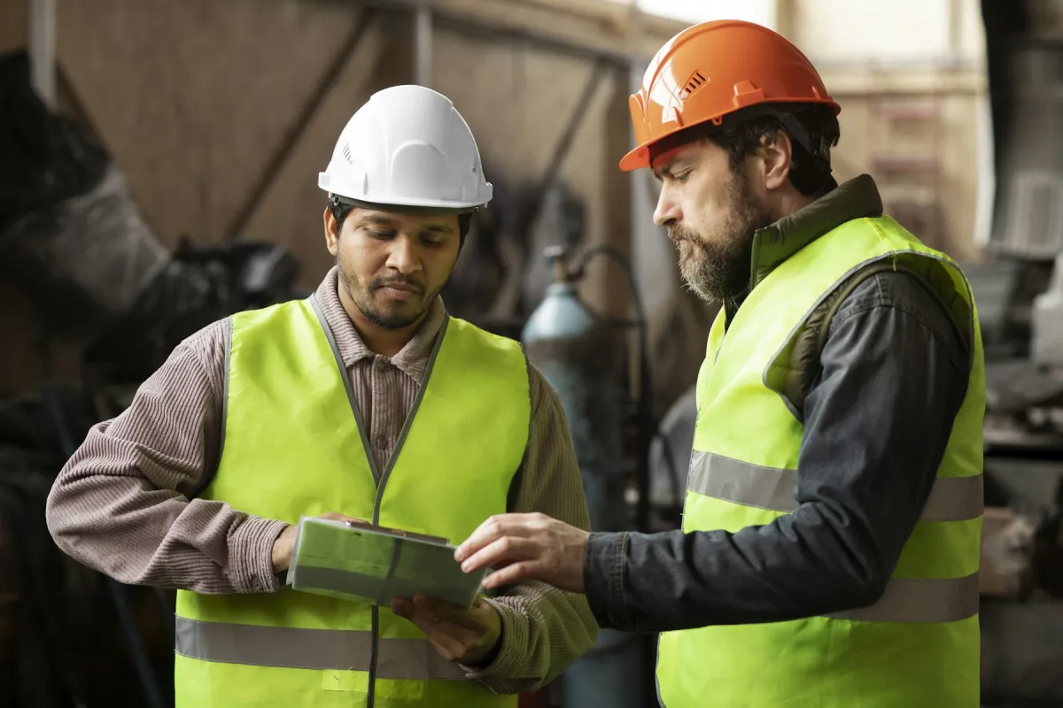 Dua teknisi maintenance berhelm dan berompi reflektif meninjau data di tablet di dalam pabrik