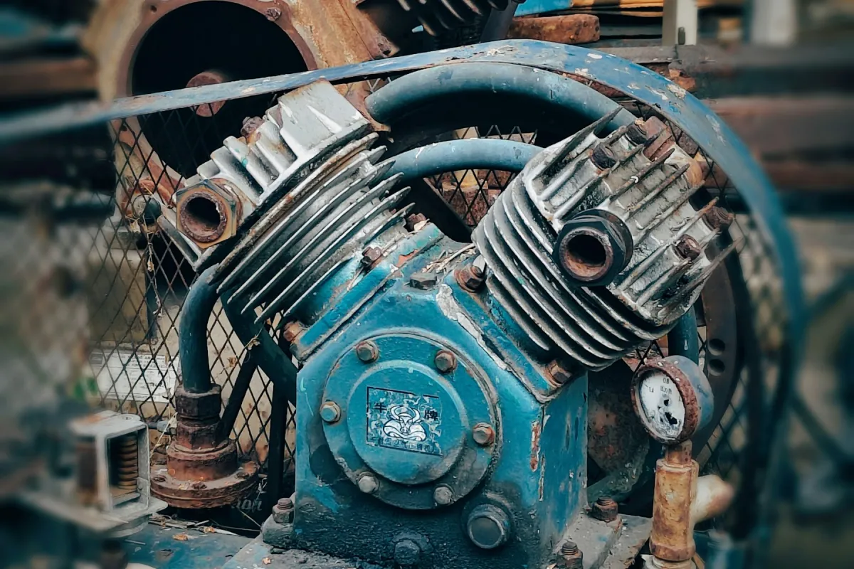 Kompresor udara industri berwarna biru yang sudah lapuk, dengan dua silinder bersirip pendingin dan sebuah pressure gauge
