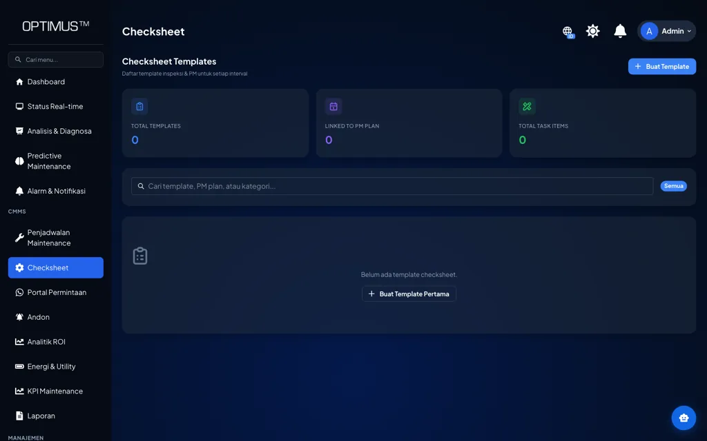 Halaman checksheet OPTIMUS untuk inspeksi terstandar yang hasilnya tersimpan per aset