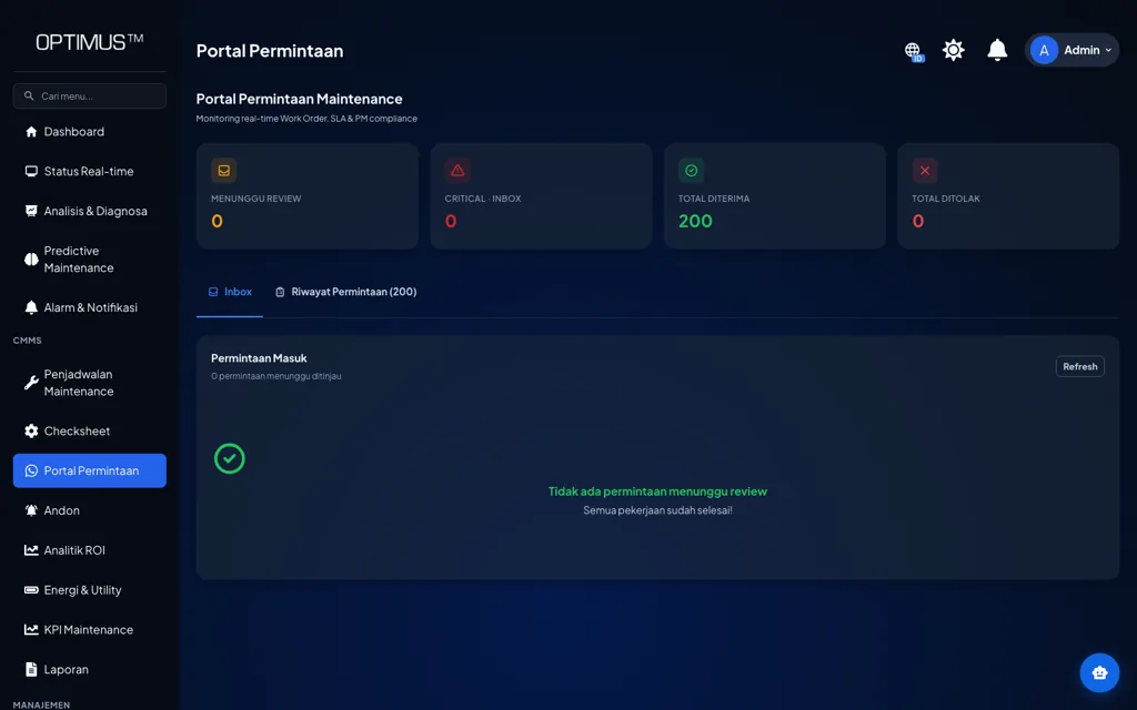 Portal permintaan OPTIMUS untuk pelaporan masalah dan permintaan perbaikan dari lapangan