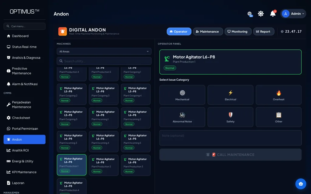 Digital Andon OPTIMUS: panel operator dengan mesin terpilih dan kategori masalah mechanical, electrical, overheat, abnormal noise, safety, serta tombol call maintenance