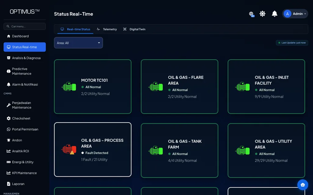 Halaman Status Real-time OPTIMUS menampilkan kartu status setiap utility beserta jumlah device yang normal